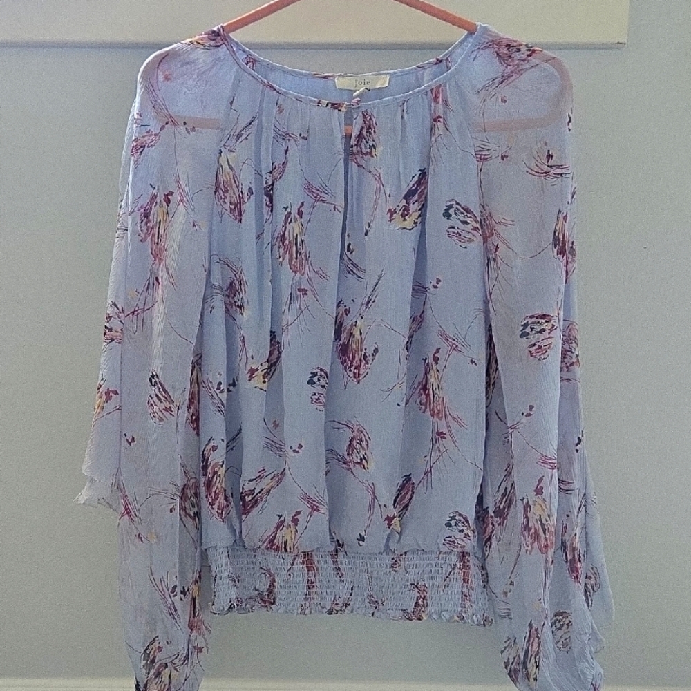 Joie Light Blue and Pink Floral 100% Silk Blouse Size XS